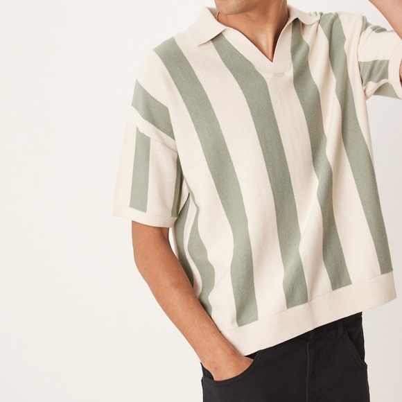 ASOS DESIGN relaxed knit textured notch neck polo shirt in ecru green stripe L - Picture 11 of 12